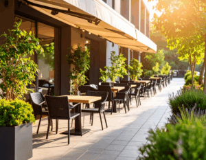 Terrasse de café installée sur un trottoir, illustrant l’occupation du domaine public par un établissement commercial.