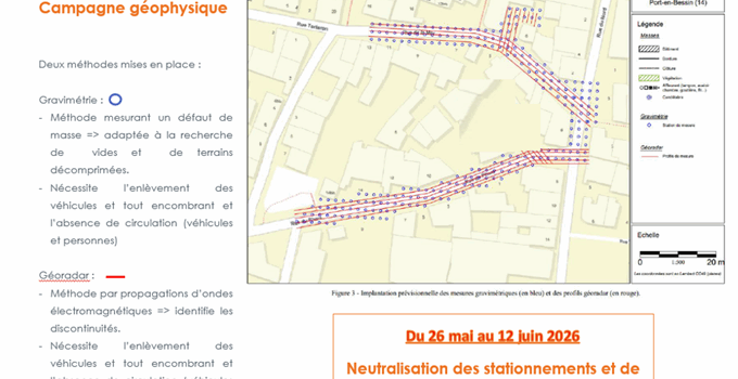 Campagne géophysique : du 26 mai au 12 juin 2026, neutralisation des stationnement et de la circulation sur la rue du phare, rue de la mer et ponctuellement rue du Nord